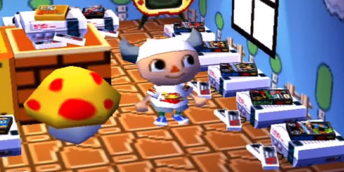 The Villager surrounded by NES Consoles and Games in Animal Crossing