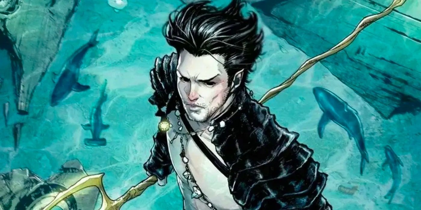 Marvel Comics' Namor holds a trident under the sea