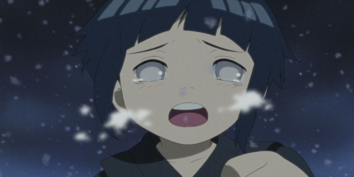 Young Hinata crying in the snow in Naruto.