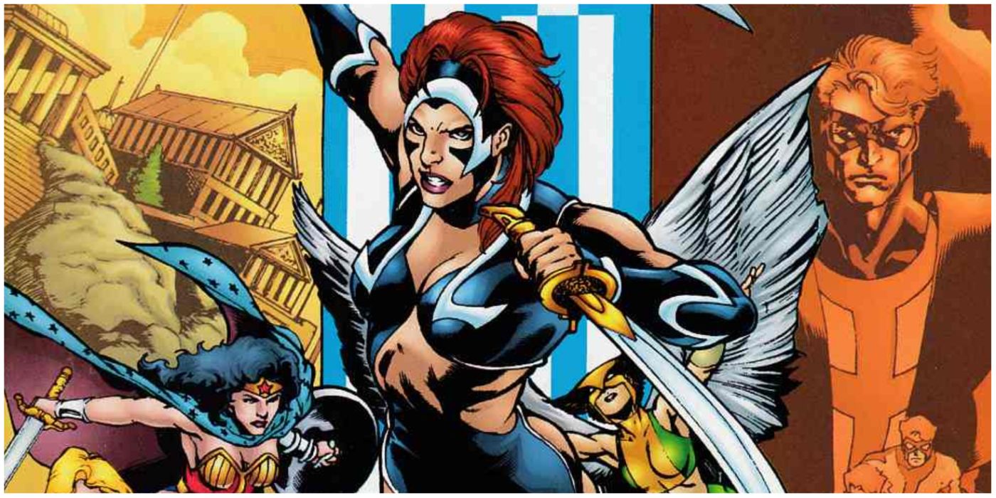 Nemesis holding a sword with JSA members behind her in DC comics