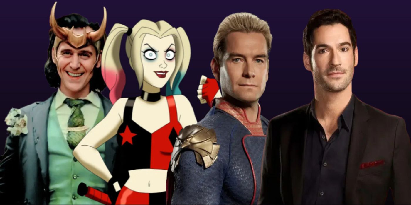 Ensemble of supervillains gathered from left to right: Loki, Harley Quinn, Homelander, and Lucifer