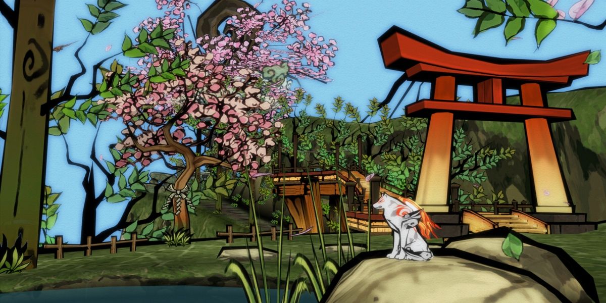 O lobo de Okami sentado em um jardim japonês em estilo artístico pictórico
