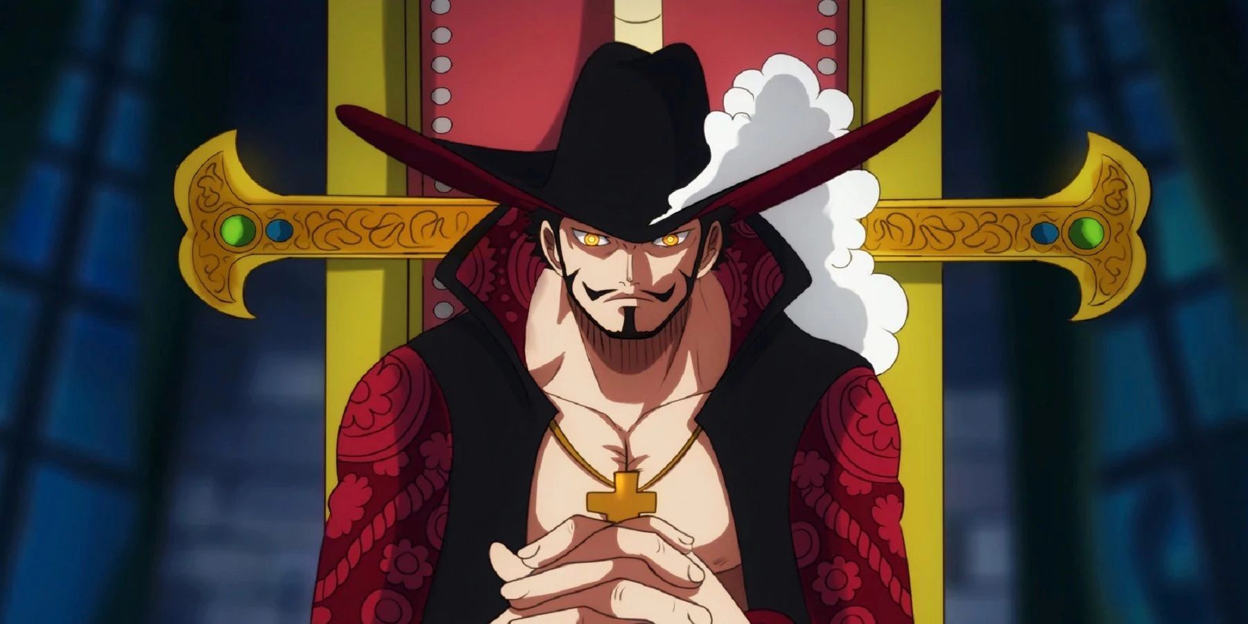 The image is a close-up of Dracule Mihawk Sitting In His Castle in One Piece