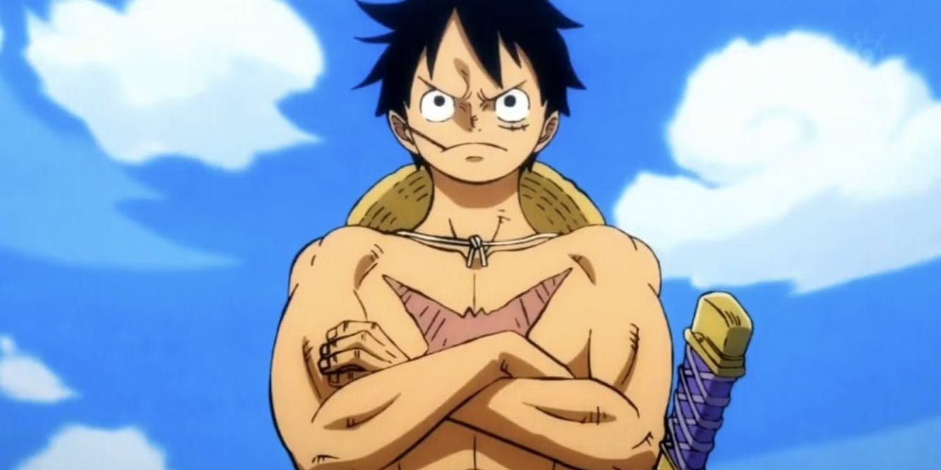 Luffy with his arms folded and a scar on his chest in One Piece.
