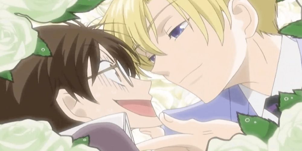 Tamaki with his hand on Haruhi's chin in Ouran High School Host Club.