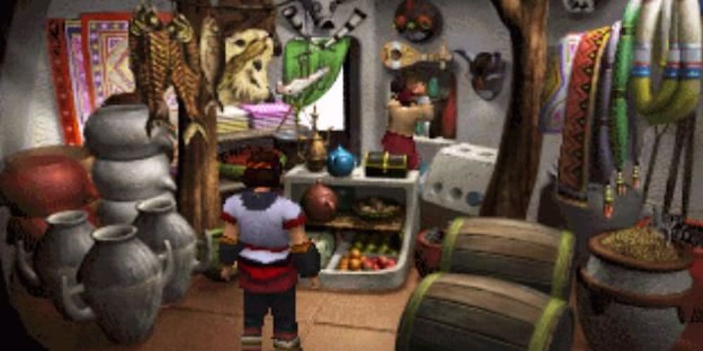 Hero peruses shop in PlayStation's Jade Cocoon