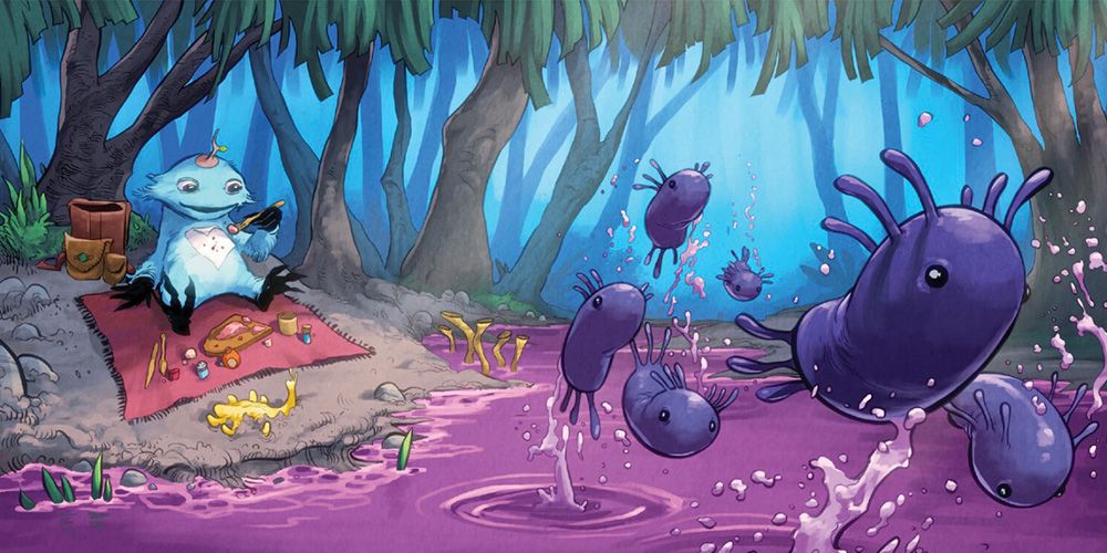 Twig sits on a blanket next to a purple river with creatures jumping from it