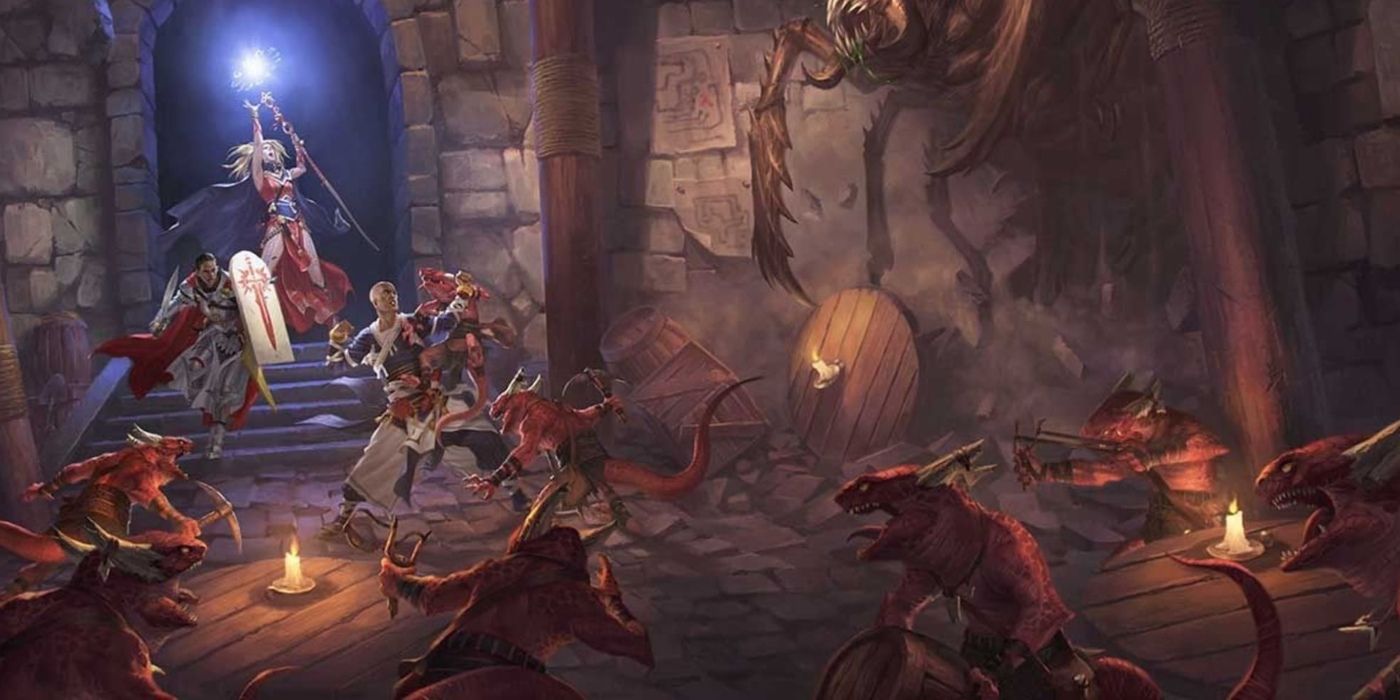 A party bursting into a dungeon in Pathfinder Second Edition RPG.
