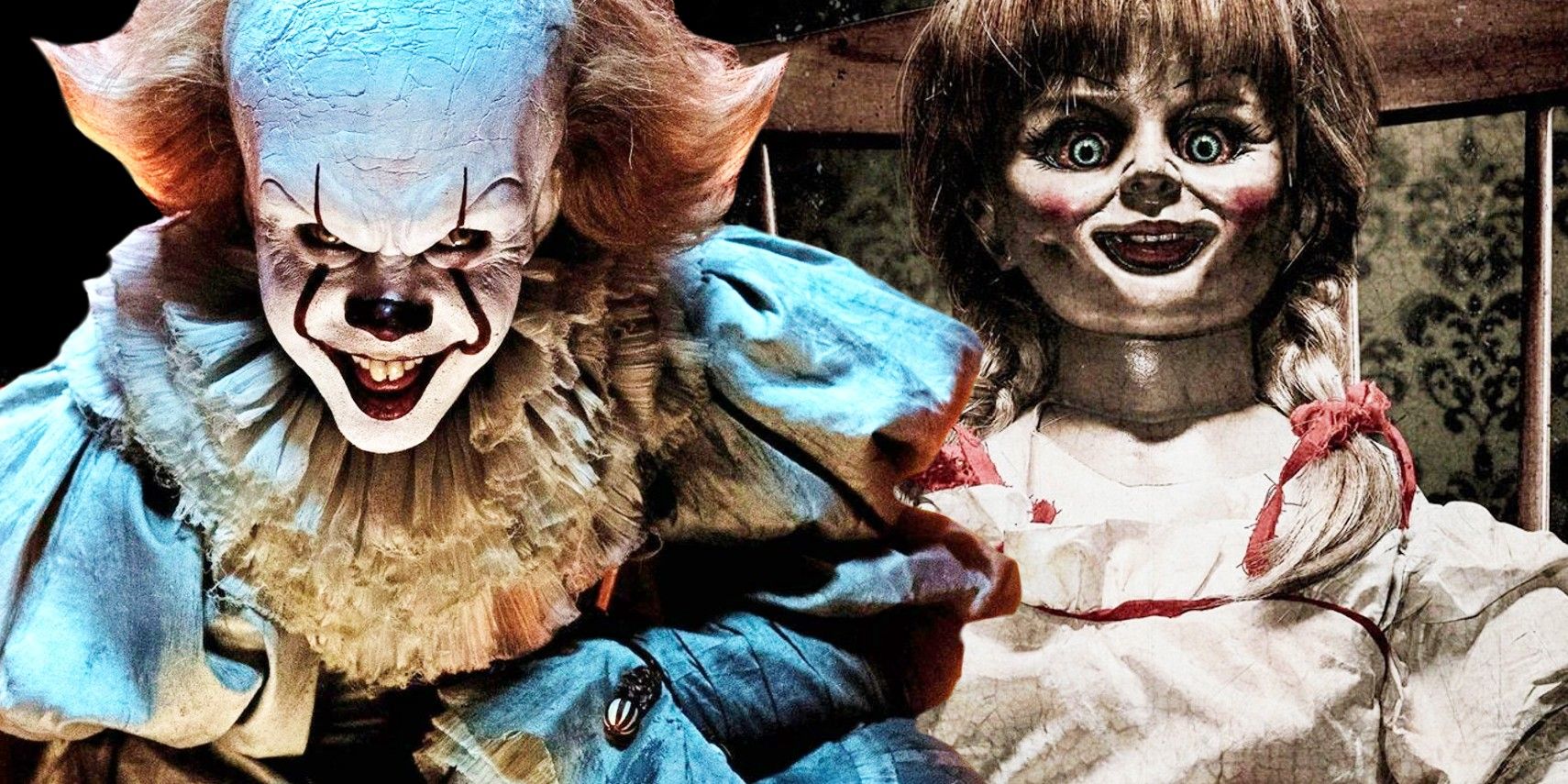 A layered image of Pennywise the dancing clown from IT and the Annabelle doll from the Annabelle horror movies