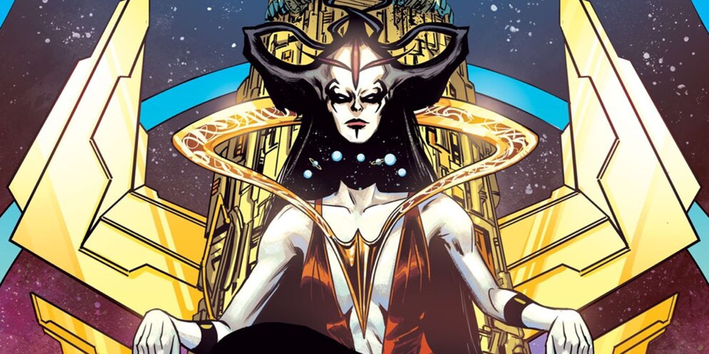 Perpetua wears her twisted crown and sits on her celestial throne in DC Comics