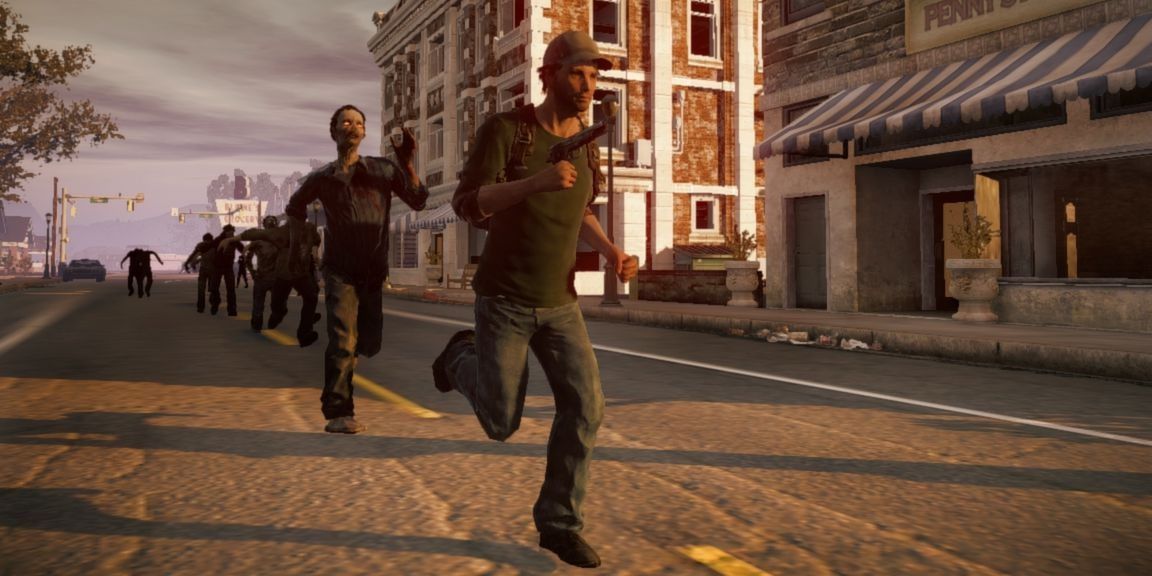 A player character runs from zombies in State of Decay.