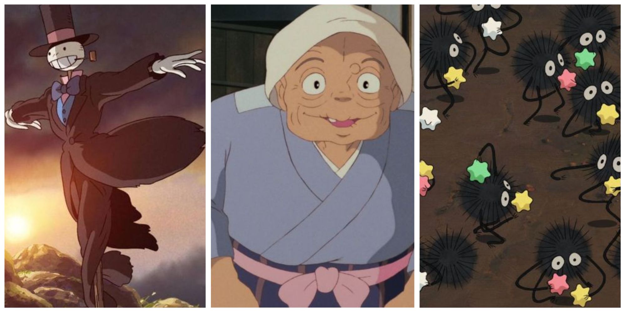 Turniphead from Howls Moving Castle. Granny from My Neighbor Totoro. Soot Sprites from Spirited Away.