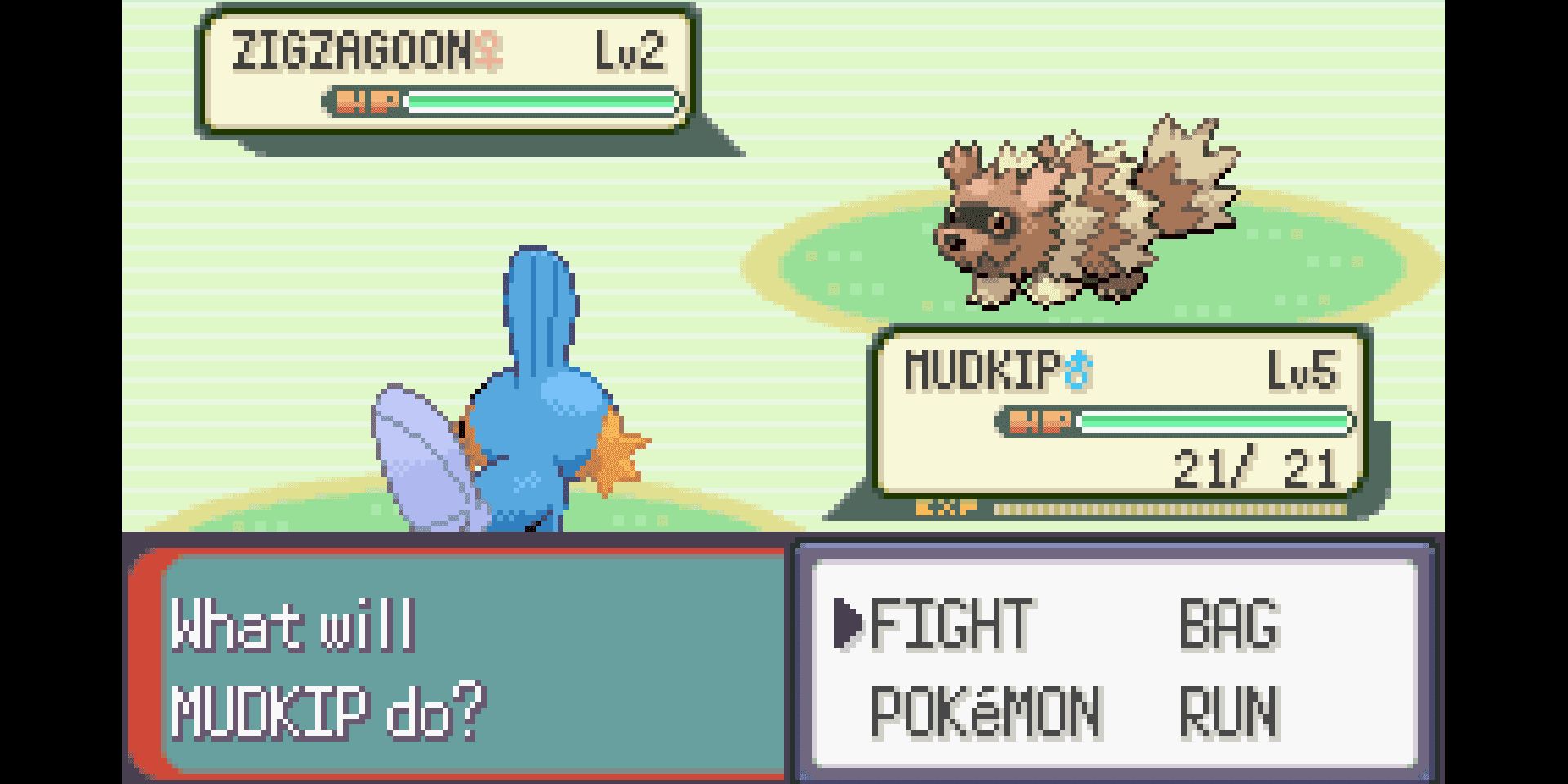 The player's Mudkip faces off against a Zigzagoon in Pokemon Emerald