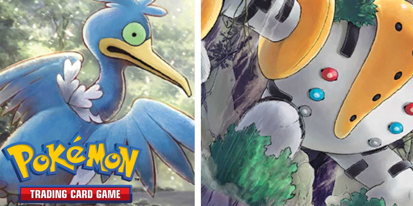 A split image of Pokémon TCG featuring art for Cramorant and Regigigas