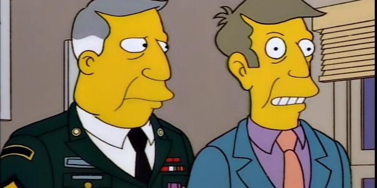 Seymour Skinner standing next to Armin Tamzarian in The Simpsons