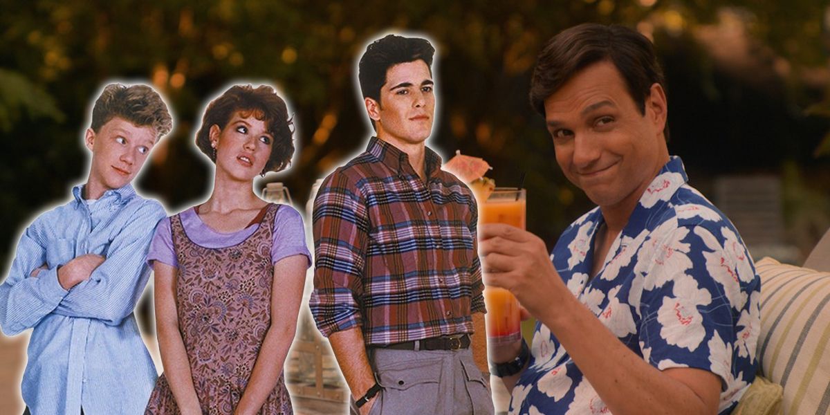 Ralph Macchio raising a drink on Cobra Kai with Sixteen Candles characters superimposed