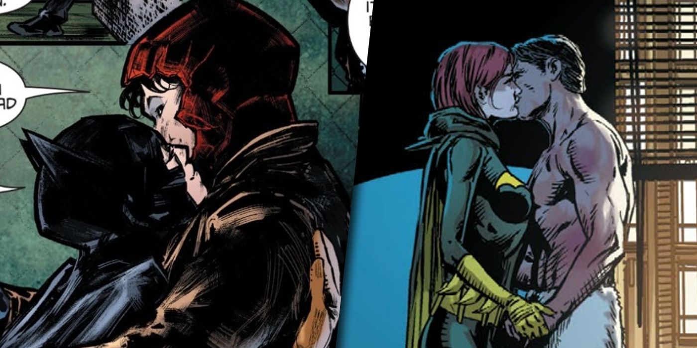 Red Hood and Batgirl hugging and kissing split image