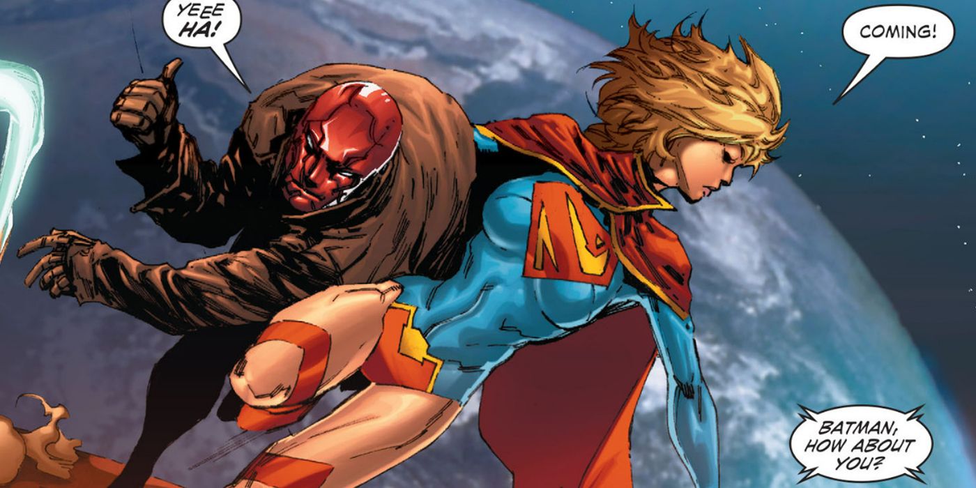 Red Hood and Supergirl flying in space