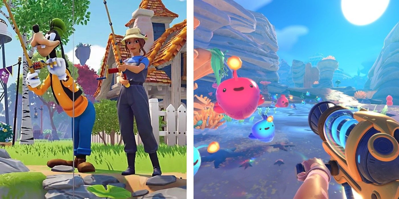 Split image featuring gameplay from Disney Dreamlight Valley and Slime Rancher 2.