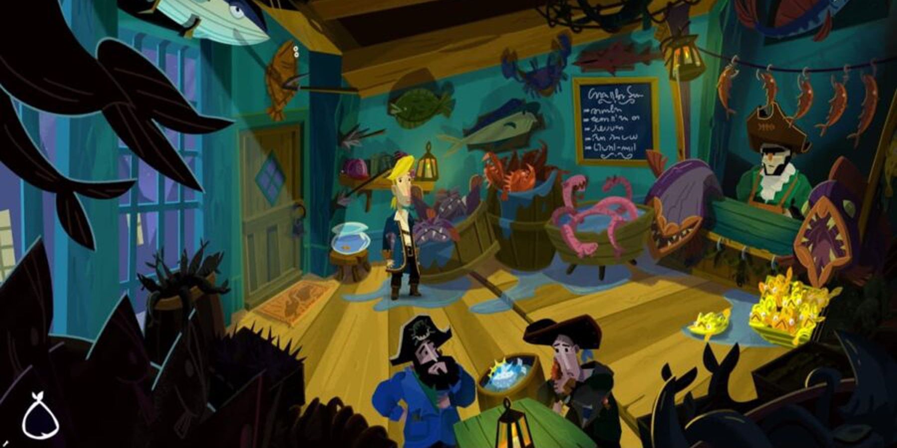 Guybrush olhando uma peixaria em Return to Monkey Island