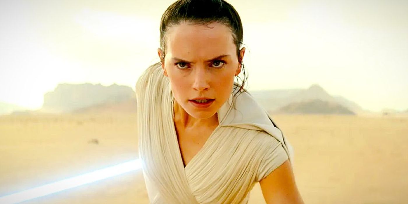Daisy Ridley as Rey faces down Kylo Ren's TIE silencer in The Rise of Skywalker