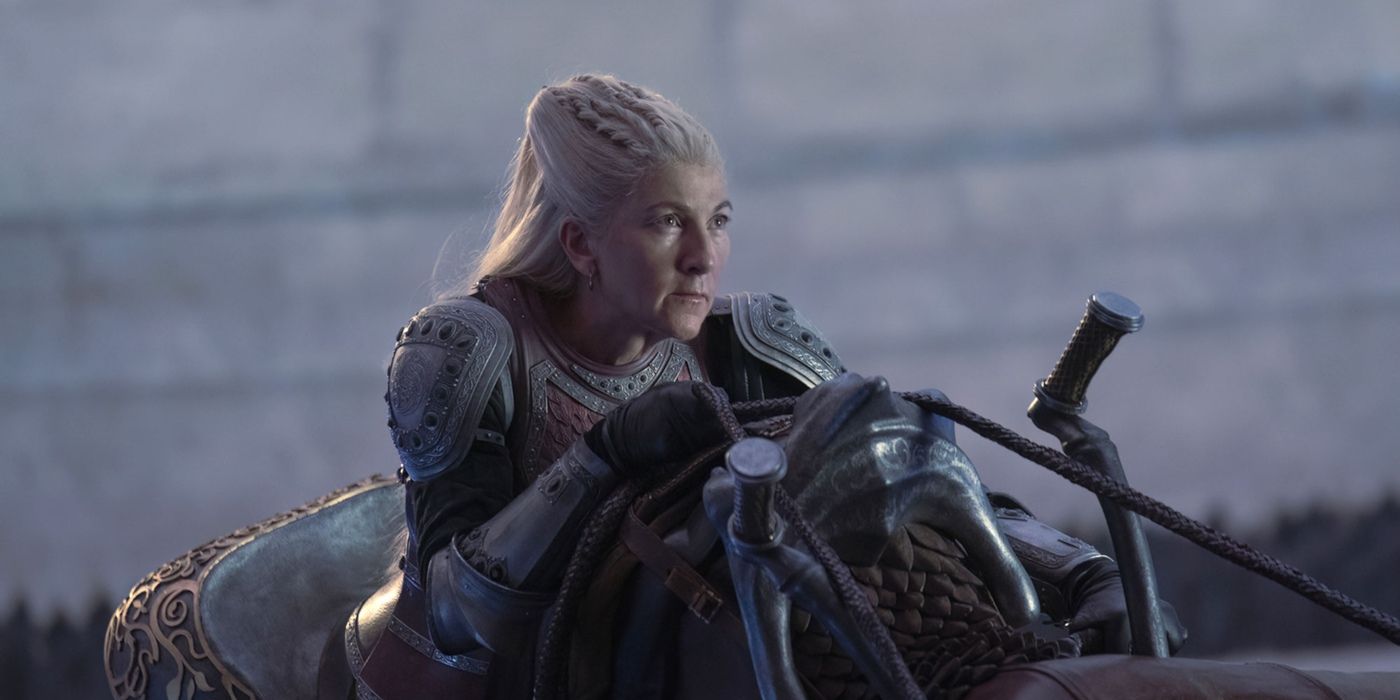 Rhaenys Targaryen riding her dragon Meleys in House of the Dragon
