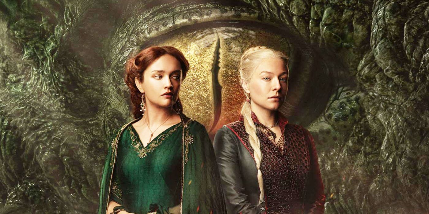 Alicent and Rhaenyra back to back in front of a dragon's eye