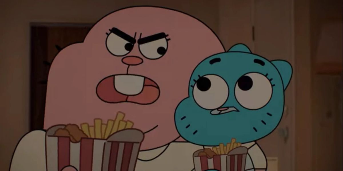 Richard Buckley Watterson and Nicole Watterson holding food from The Amazing World of Gumball.