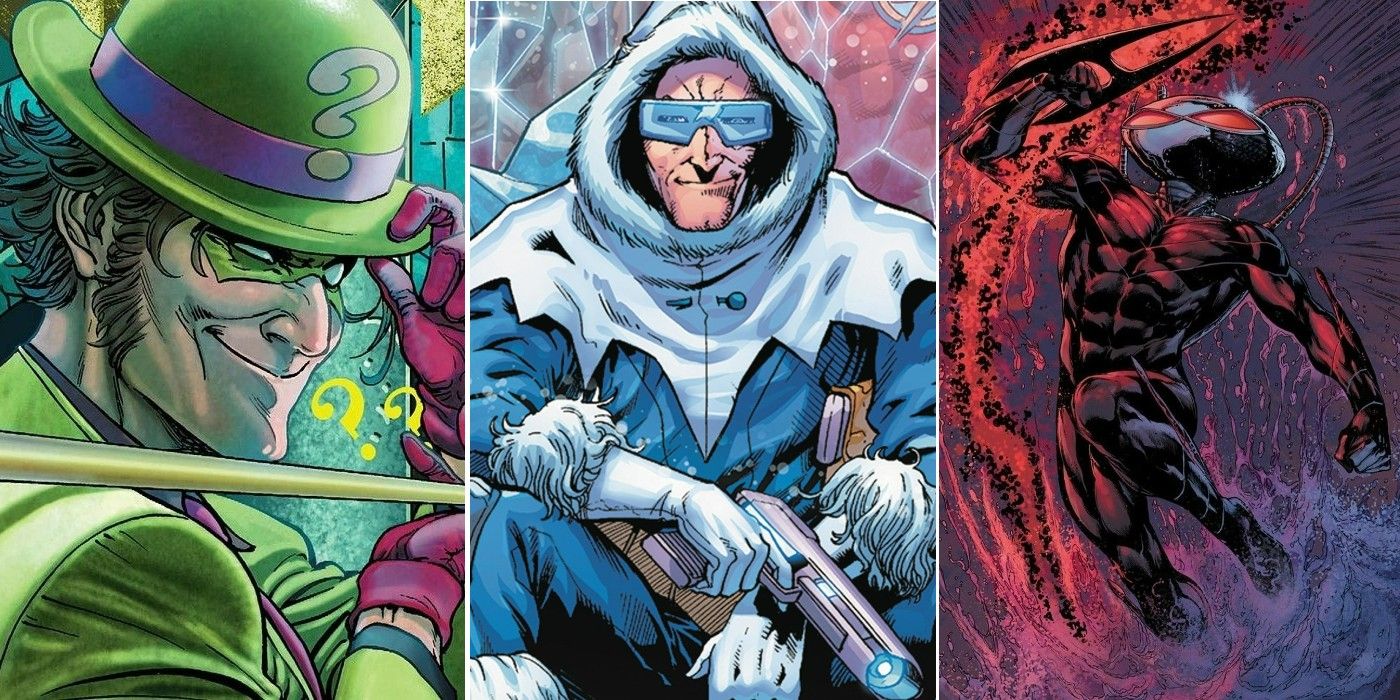 A split image of The Riddler with his cane over his should, of Captain Cold sitting on a throne of ice, and of Black Manta bursting out of the ocean waves
