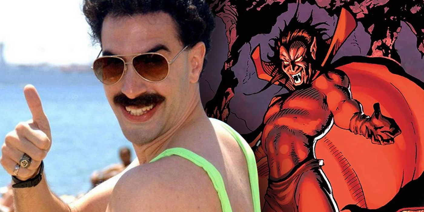 Split Image: Borat (Sacha Baron Cohen) gives a thumbs-up; Mephisto rules over hell in Marvel Comics