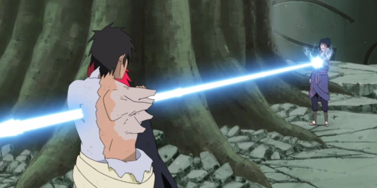 Sasuke stabs through Karin to kill Danzo in Naruto.