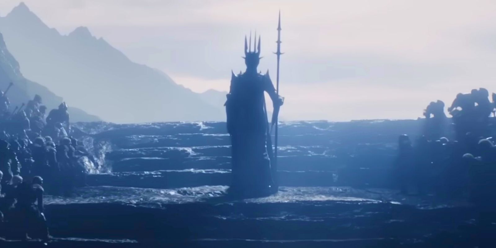 Sauron stands before Orcs on The Rings of Power