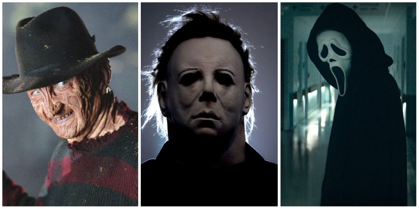 Split image of horror villains: Freddy Krueger from Nightmare on Elm Street, Michael Myers from Halloween, and Ghostface from Scream