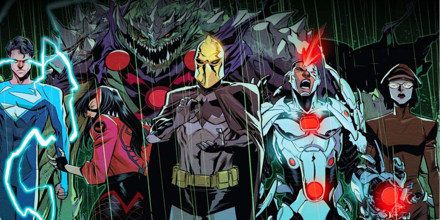 DC's Lazarus Planet featuring Jon Kent, Cyborg, and Batman wearing Doctor Fate's helmet.