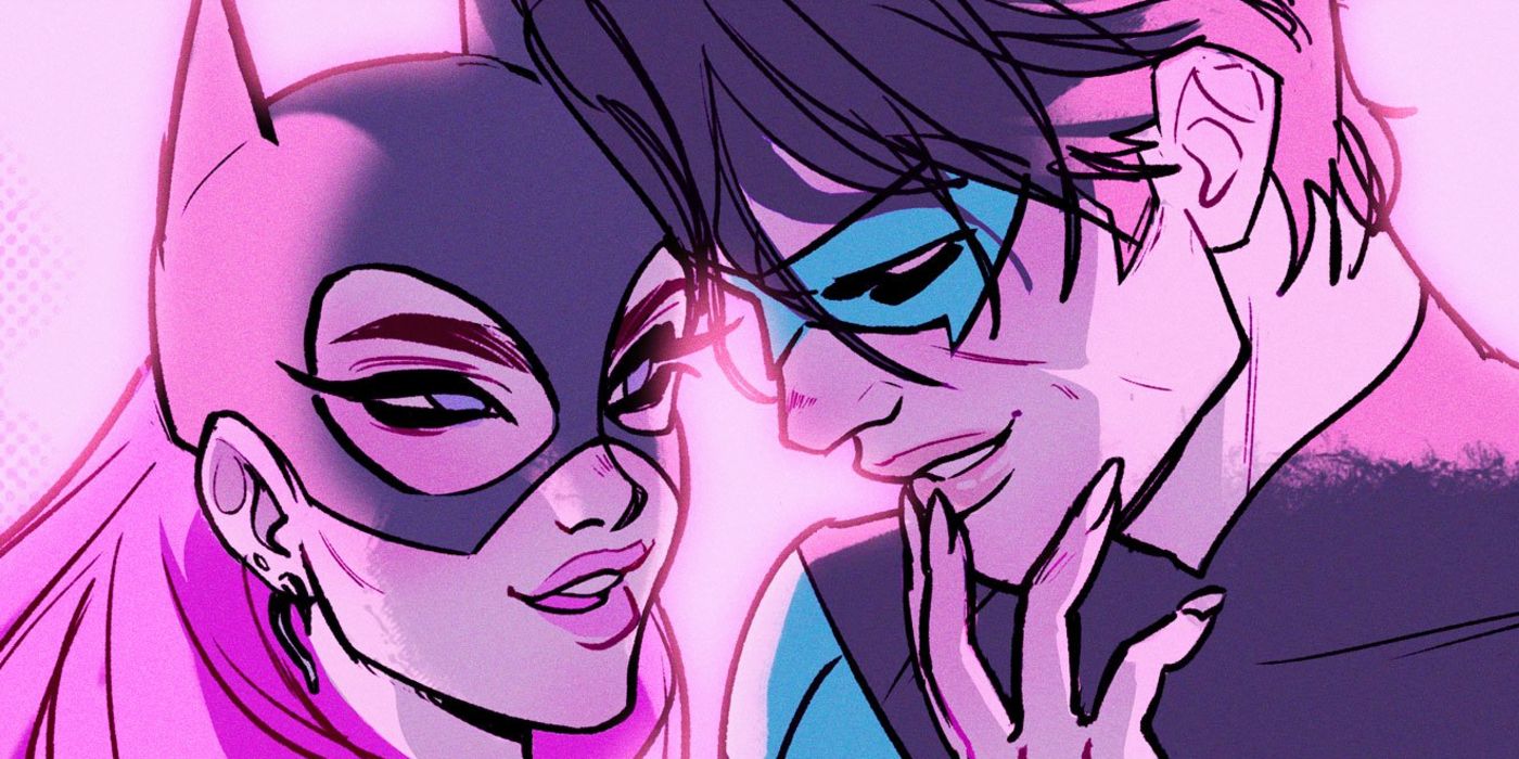 Batgirl and Nightwing caressing each other in DC comics