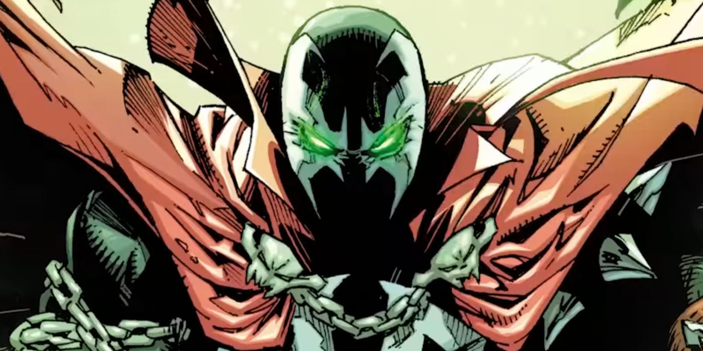 A closeup of Spawn, glaring with glowing green eyes, in Image Comics