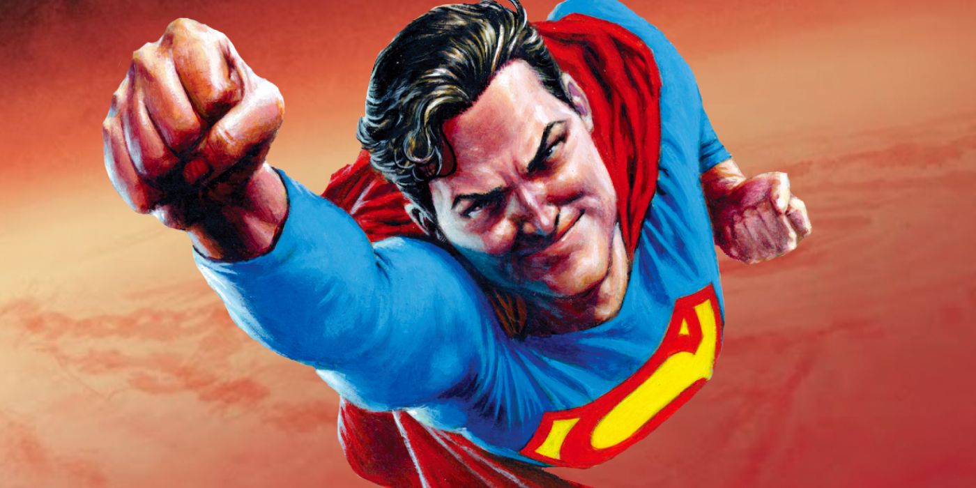 Superman flying with a smile on his face in DC Comics