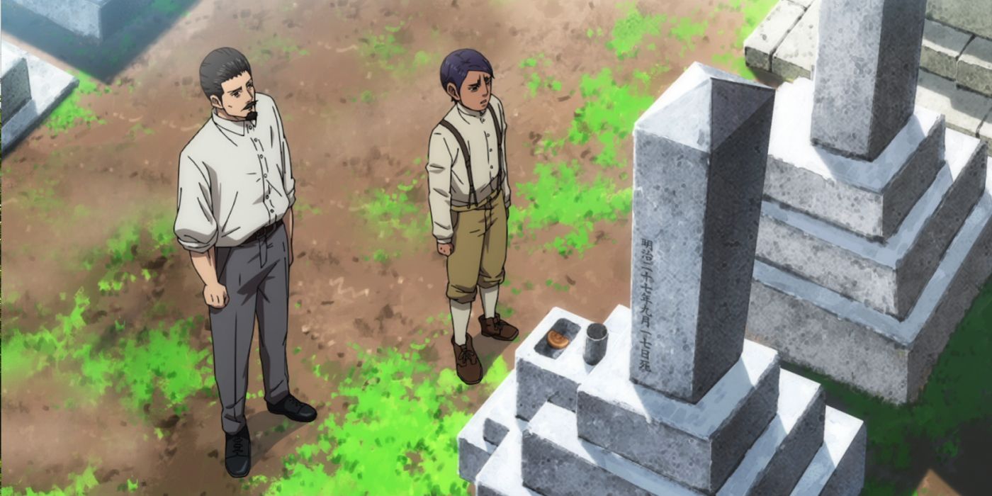 Tsurumi and a teenaged Koito stand before Koito's brother's grave