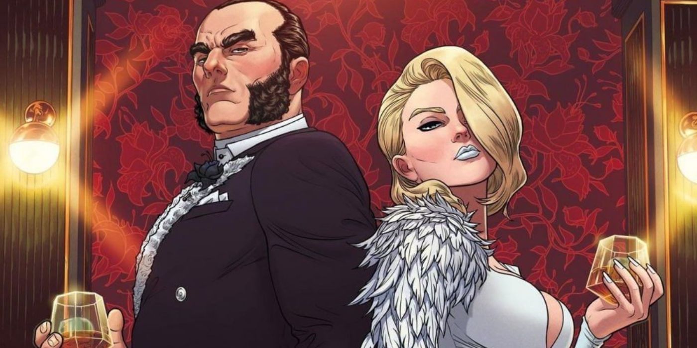 Sebastian Shaw and Emma Frost hold whiskey and stand back-to-back on Krakoa, as drawn by Russell Dauterman