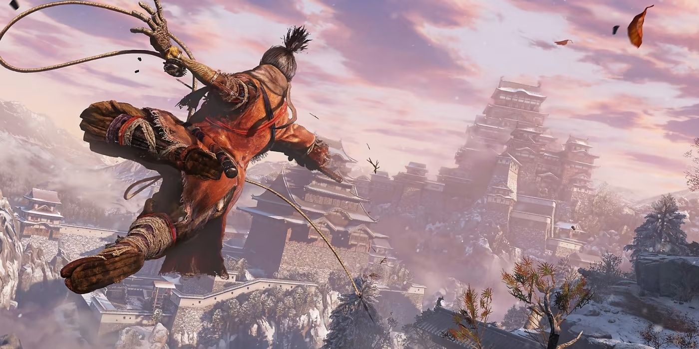 Wolf using the Grappling Hook in Sekiro: Shadows Die Twice