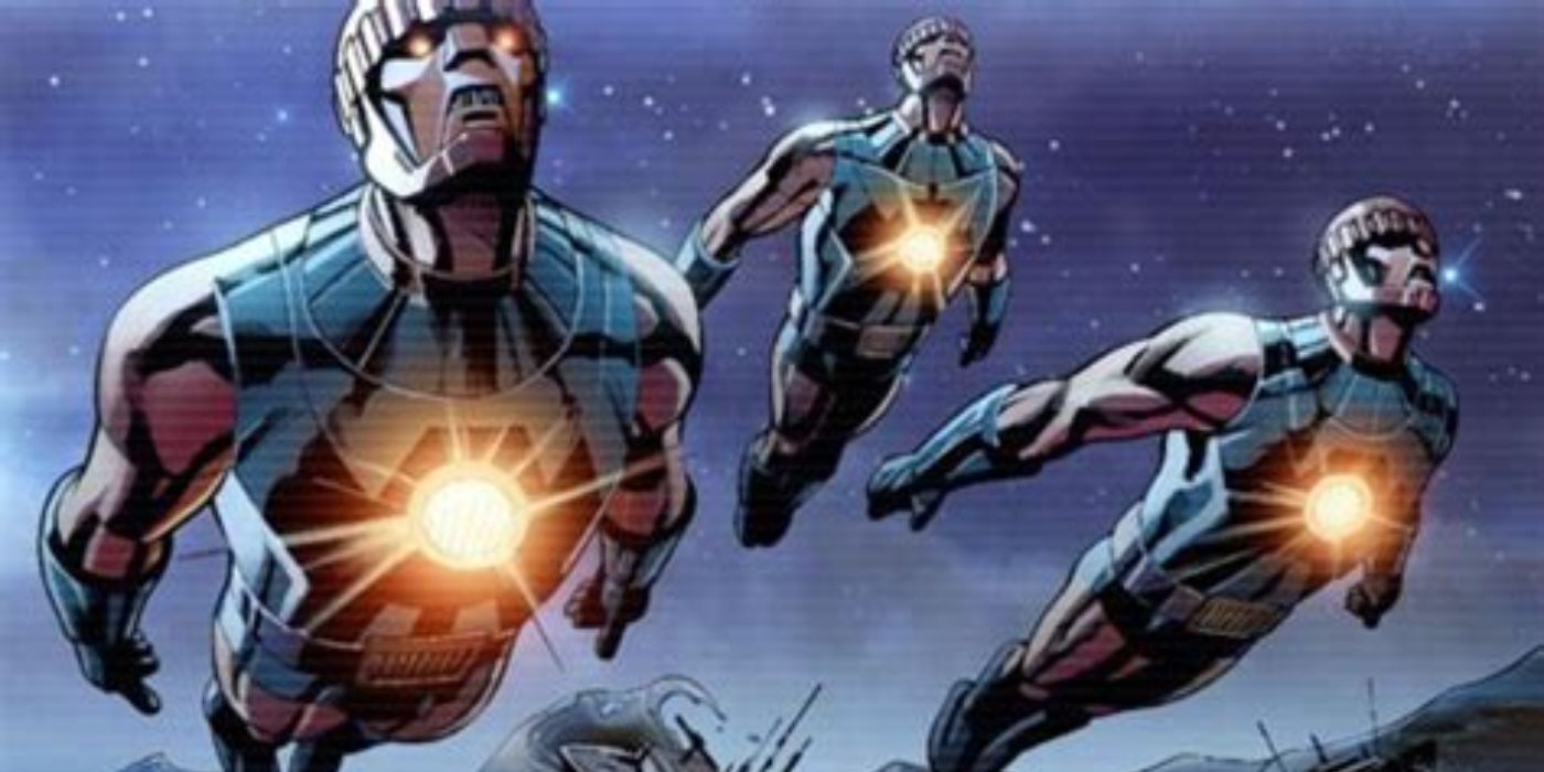 Three Sentinels fly over the ocean at night in Marvel Comics.