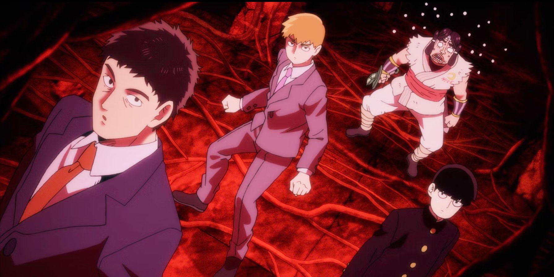 Serizawa, Reigen, Mob, and Amakusa Haruaki fighting a yokai in Mob Psycho 100.