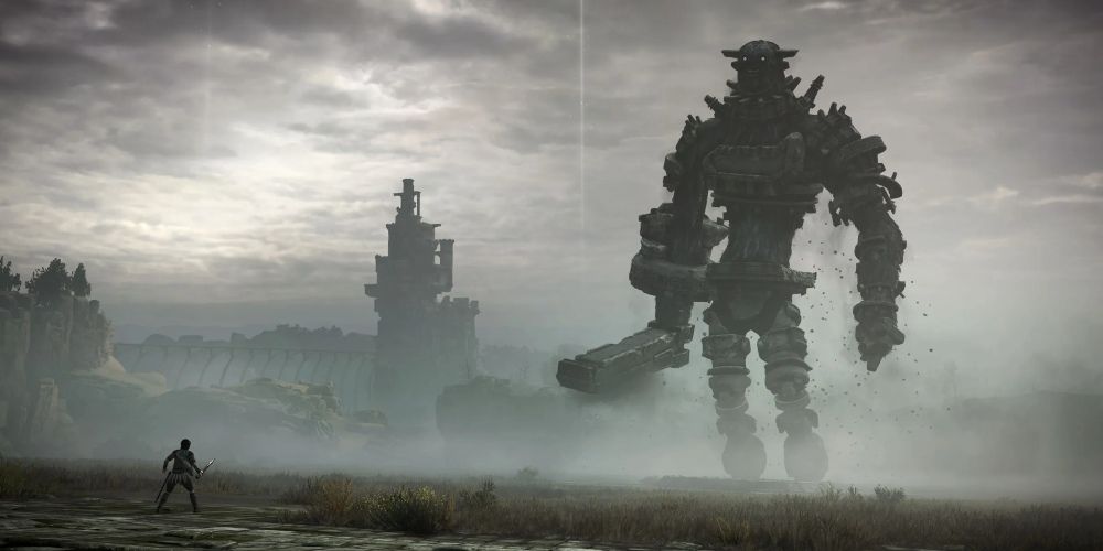 Wander facing down a Colossus in Shadow of the Colossus game
