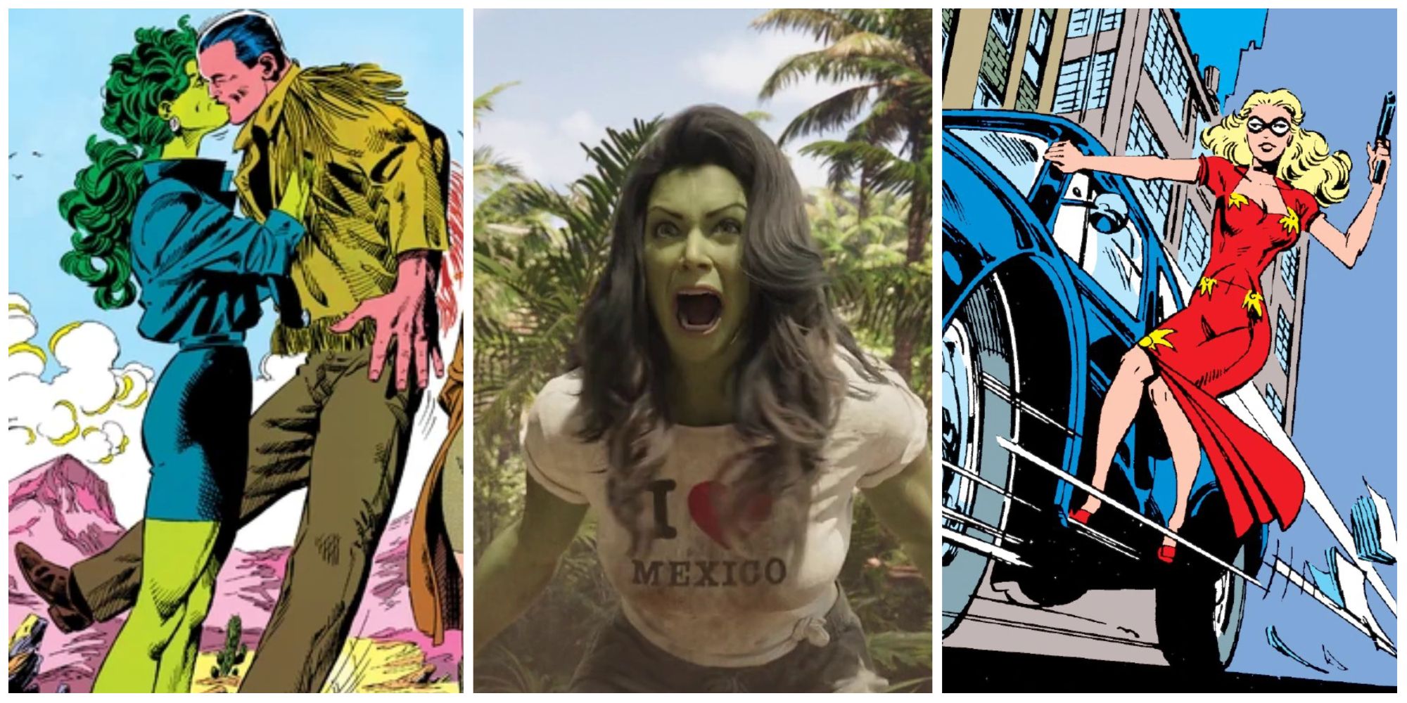 She Hulk kissing Wyatt Wingfoot, She-Hulk in Attorney at Law, and Blonde Phantom in Marvel Comics