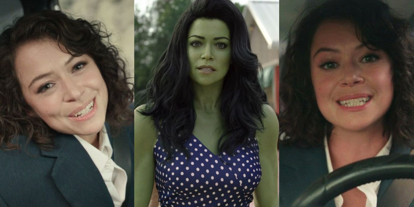 A split image of Jen Walters and She-Hulk talking to viewers in the Disney+ She-Hulk series