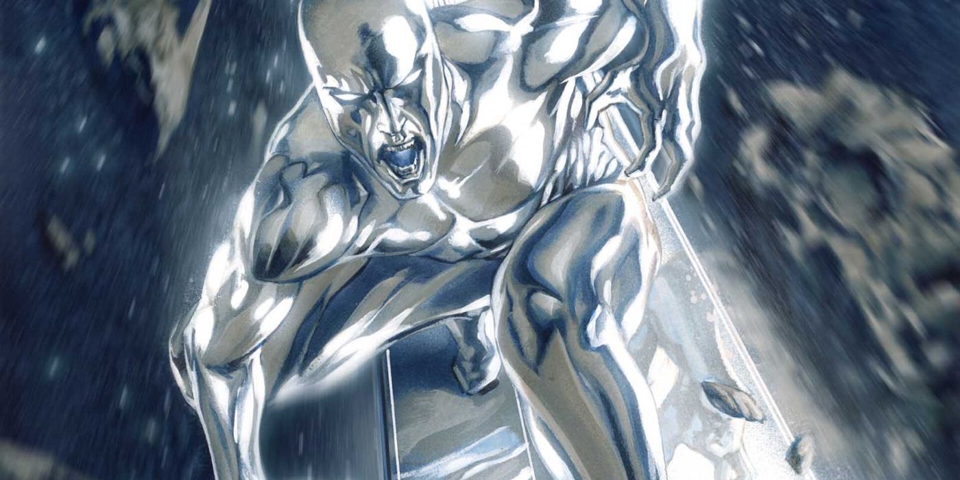 Marvel Comics' Silver Surfer flying forward yelling
