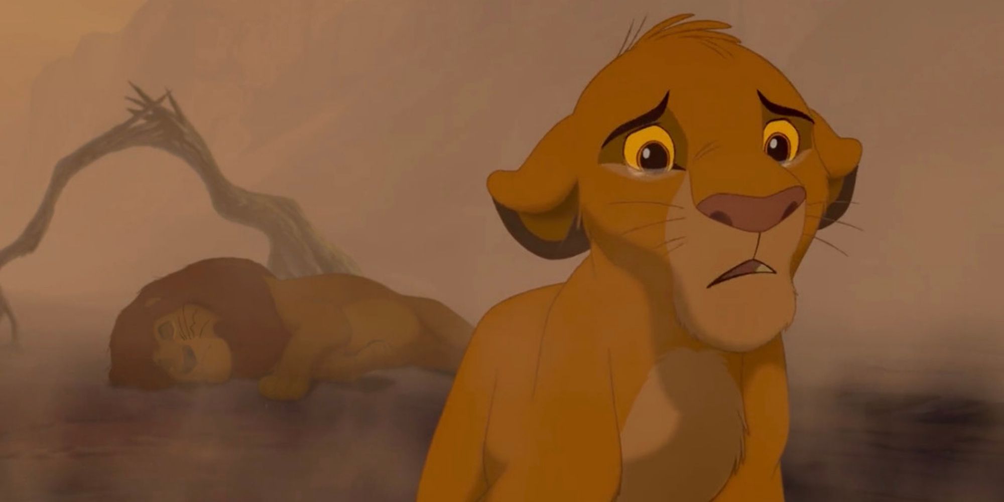 Simba do Rei Leão chorando por seu pai morto, Mufasa