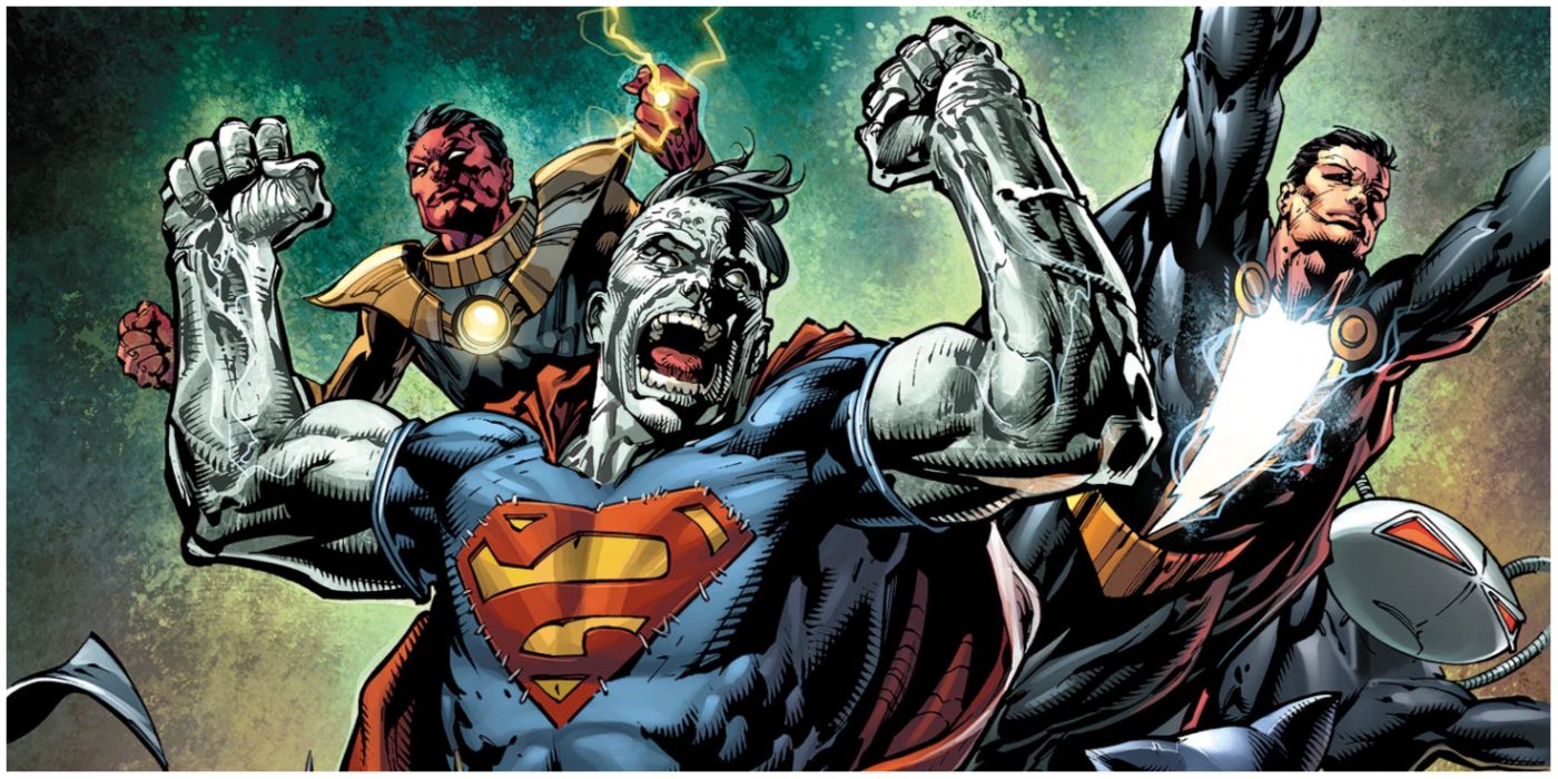Sinestro, Bizarro, Black Adam, and Black Manta flying together in DC comics