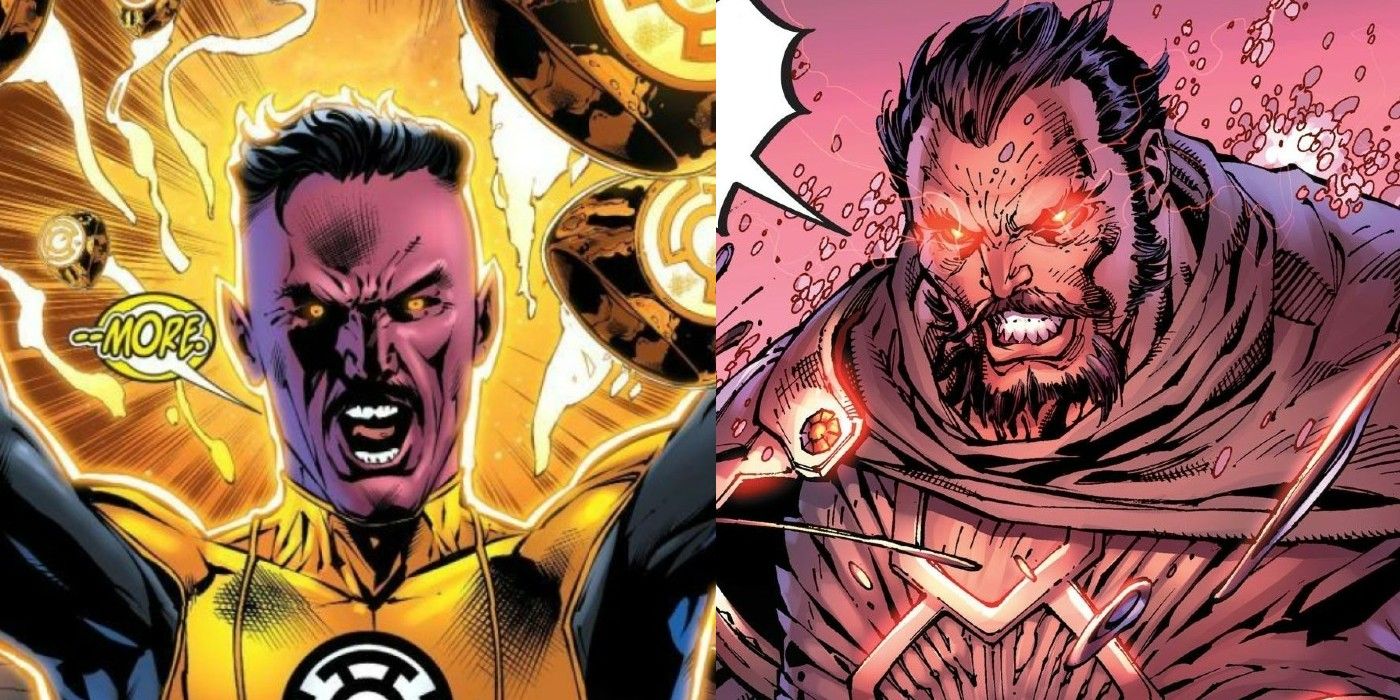 A split image of Sinestro sending out yellow lantern rings and of General Zod yelling at his enemies