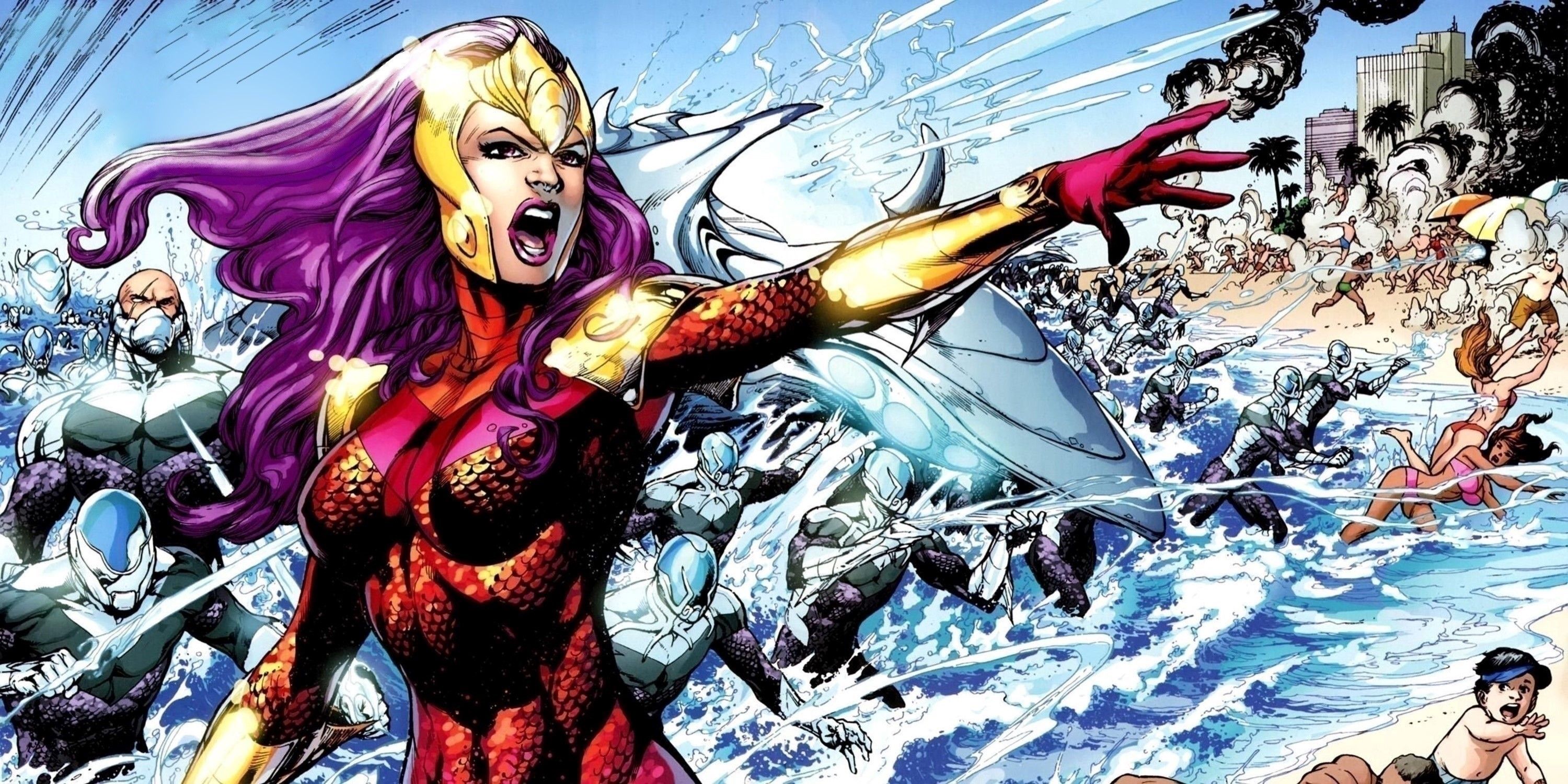 Siren (Hila) launches an attack against beachgoers in DC Comics